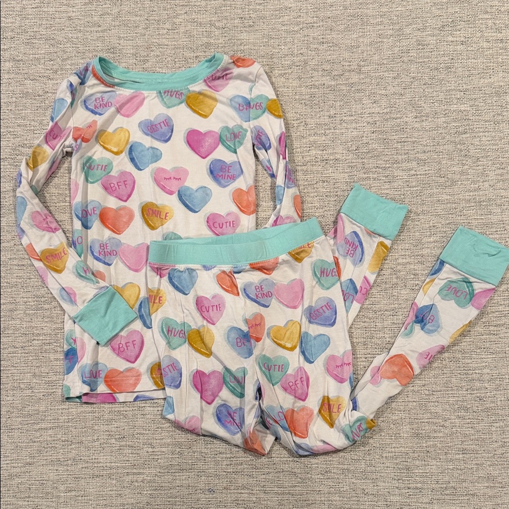 Little Sleepies White Heart-Print Long Sleeve Pajama Set with Mint Trim